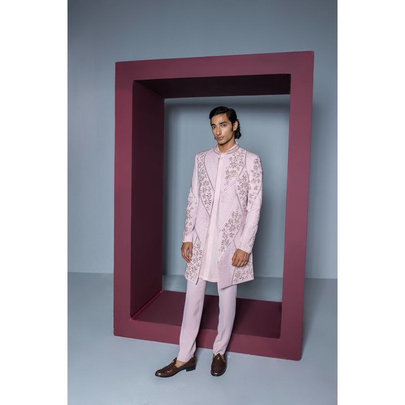 CONTRAST BY PARTH Pink Mehroom Sherwani with Kurta & Pant (Set of 3) (XS)