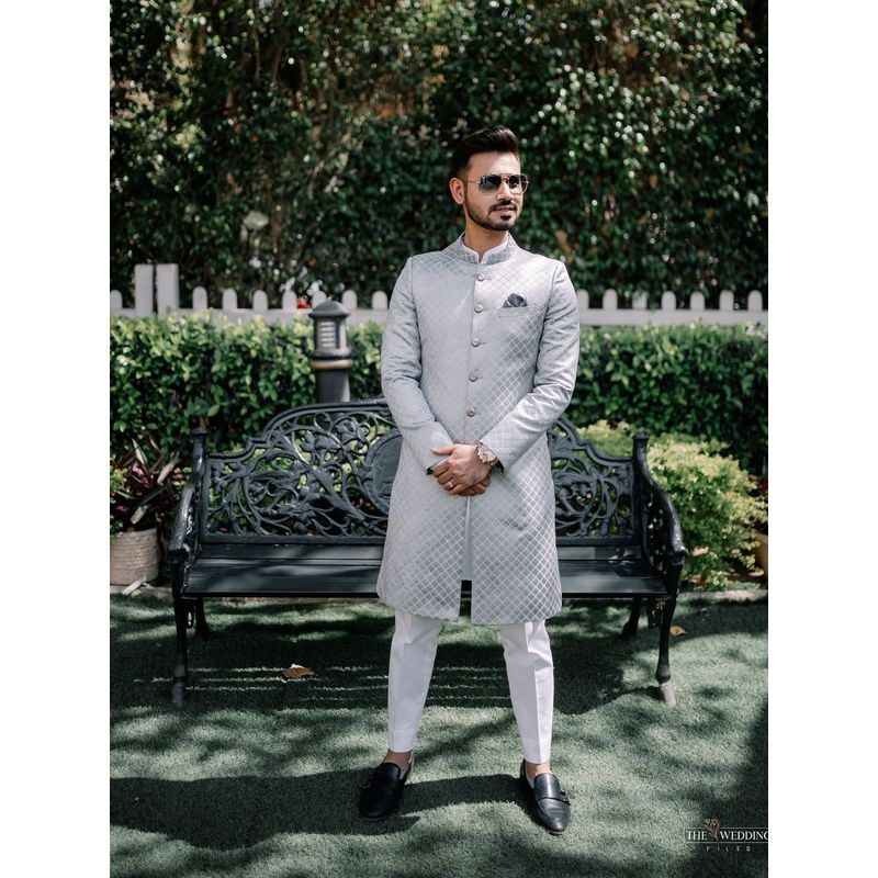 CONTRAST BY PARTH Grey Arctic Pattern Sherwani with Kurta & Pant (Set of 3) (6XL)