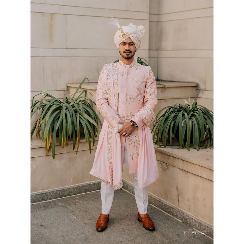 CONTRAST BY PARTH Peach Cherry Blossom Sherwani Set (Set of 5) (XS)