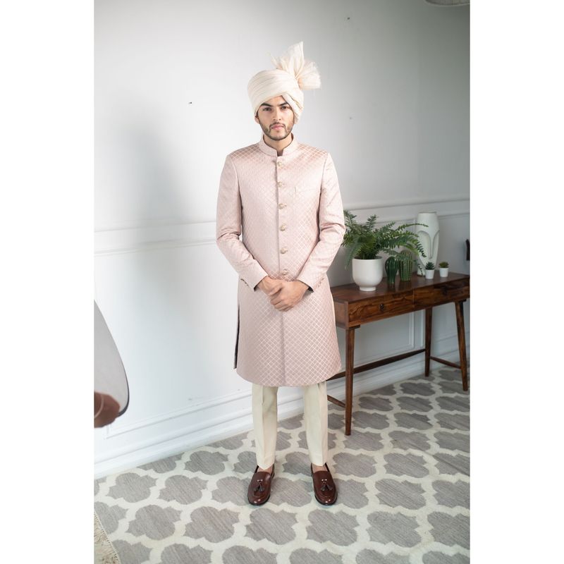 CONTRAST BY PARTH Rose Gold Pale Sherwani with Kurta & Pant (Set of 3) (XS)