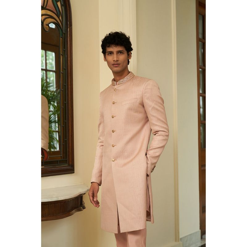 CONTRAST BY PARTH Peach Salmon Striped Sherwani with Kurta & Pant (Set of 3) (XS)