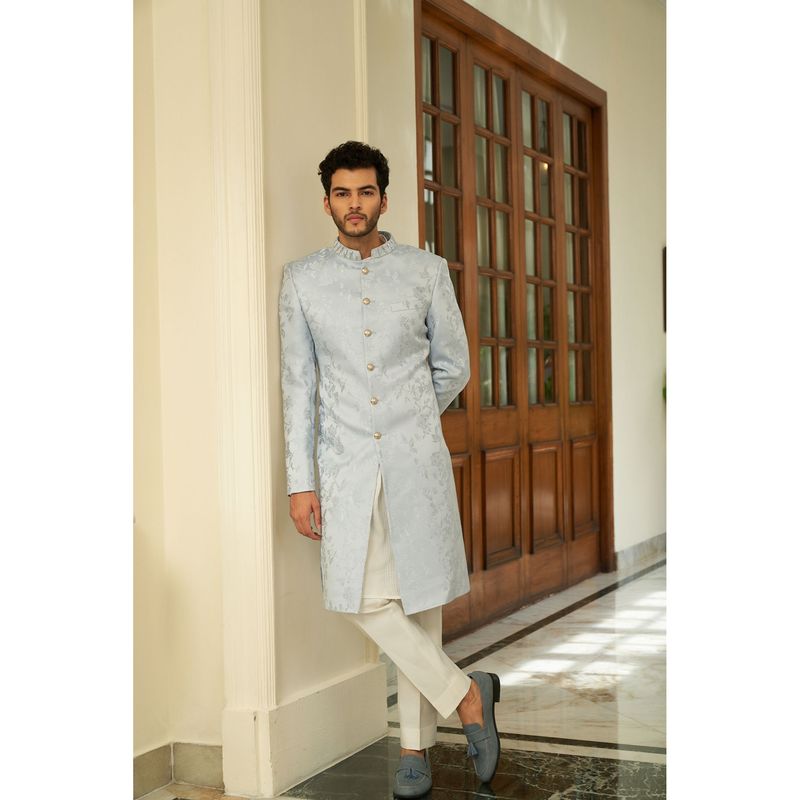 CONTRAST BY PARTH Blue Floral Dream Achkan Sherwani with Kurta & Pant (Set of 3) (XS)
