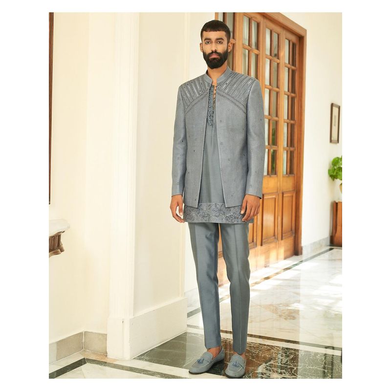CONTRAST BY PARTH Lava Smoke Grey Bandhgala with Kurta & Pant (Set of 3) (XS)