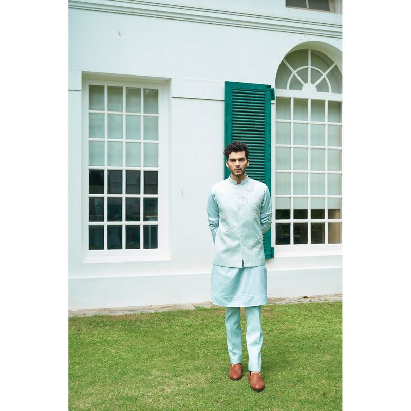 CONTRAST BY PARTH Shimmer Blue Nehru Jacket with Kurta & Pant (Set of 3) (XS)