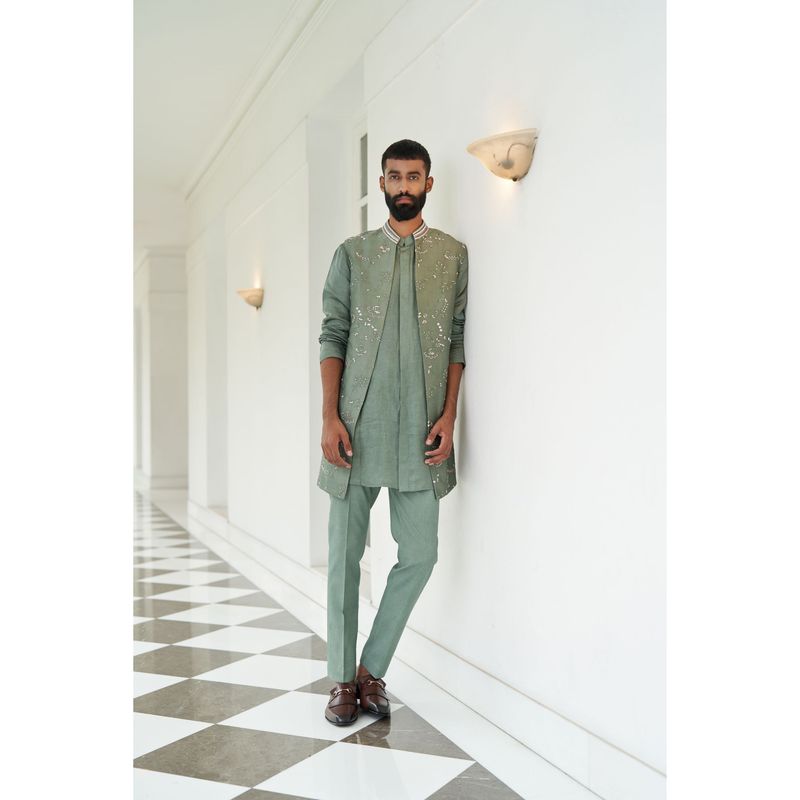 CONTRAST BY PARTH Green Rainforest Shrug with Kurta & Pant (Set of 3) (XS)