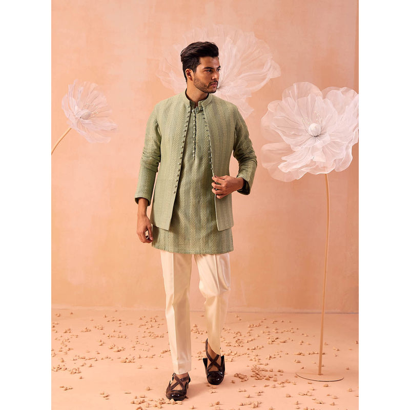 CONTRAST BY PARTH Salmon Green Nehru Jacket with Kurta and Pant (Set of 3) (XS)