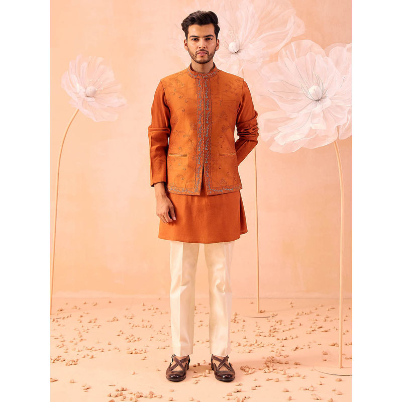 CONTRAST BY PARTH Burnt Orange Nehru Jacket with Kurta and Pant (Set of 3) (XS)