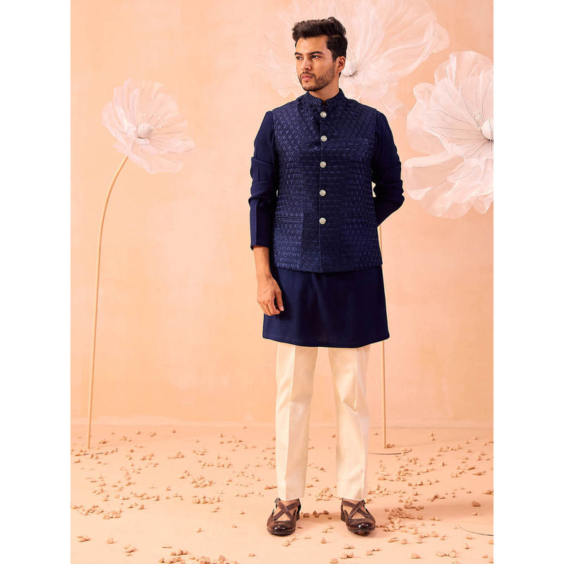 CONTRAST BY PARTH Navy Blue Majestic Floral Nehru Jacket with Kurta and Pant (Set of 3) (XS)