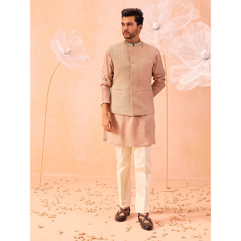 CONTRAST BY PARTH Rose Gold Nargis Nehru Jacket with Kurta and Pant (Set of 3) (XS)