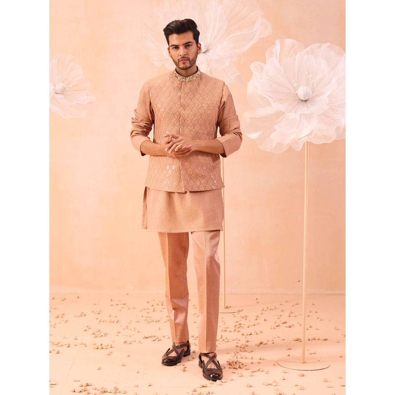 CONTRAST BY PARTH Peach Moondust Nehru Jacket with Kurta and Pant (Set of 3) (XS)