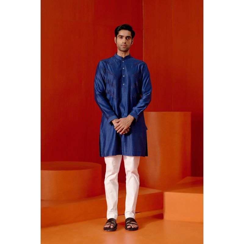 Devnaagri Royal Blue Kurta with Pin Tucks Bundi (Set of 4) (S)