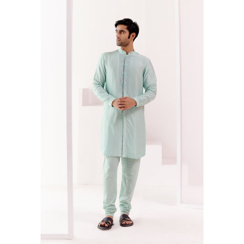 Devnaagri Aqua Front Open Self Embroidered Chanderi Kurta (Set of 2) (S)