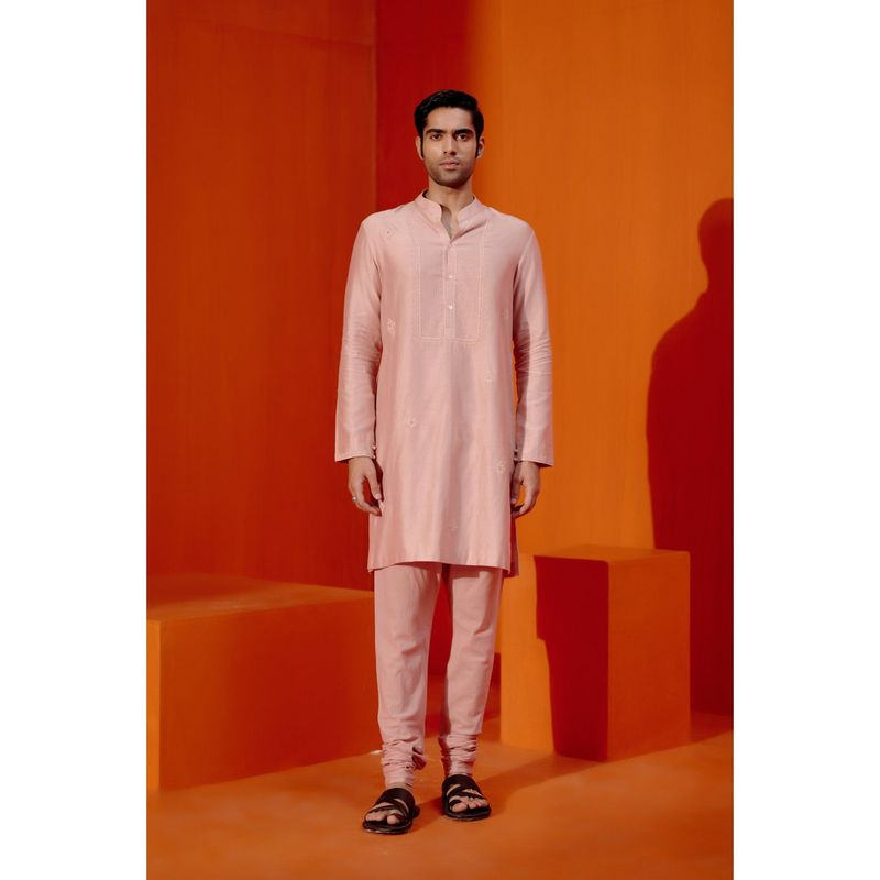 Devnaagri Blush Pink Self Embroidered Chanderi Kurta (Set of 2) (S)