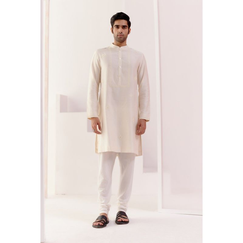 Devnaagri Ivory Self Embroidered Chanderi Kurta (Set of 2) (S)