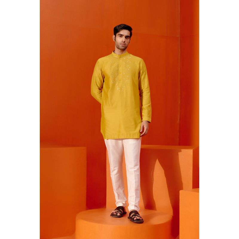 Devnaagri Mustard Embroidered Chanderi Kurta (Set of 2) (S)