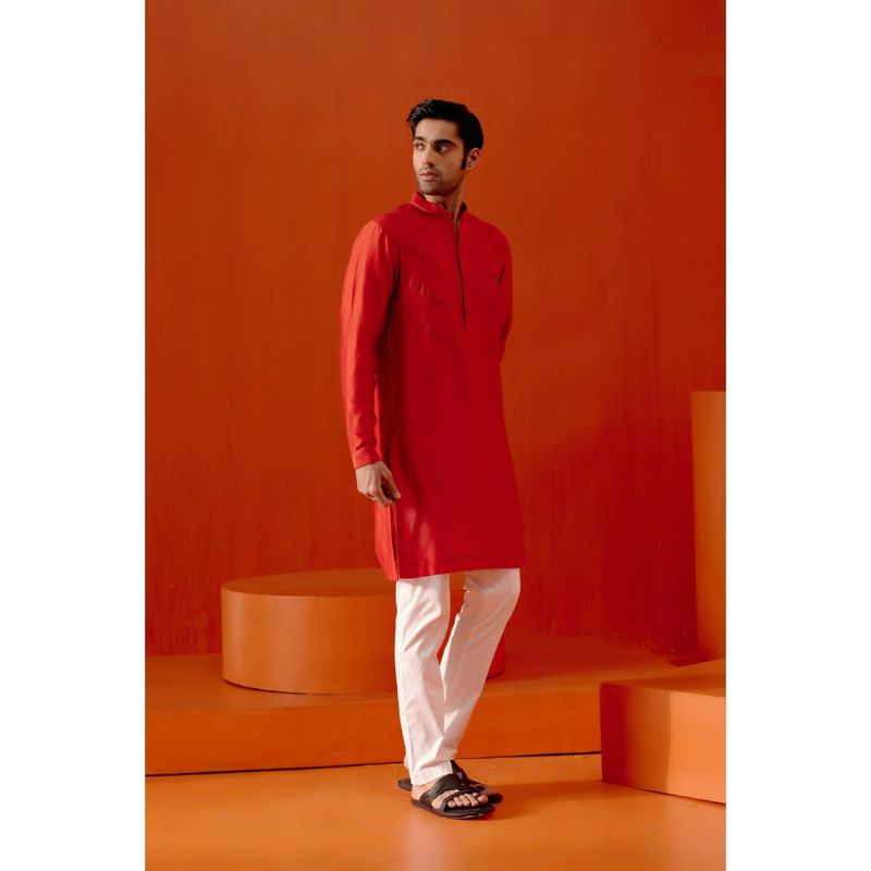 Devnaagri Red Self Embroidered Chanderi Kurta (Set of 2) (S)