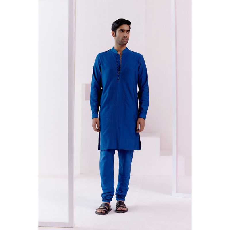 Devnaagri Royal Blue Pin Tucks Detailed Kurta (Set of 2) (S)
