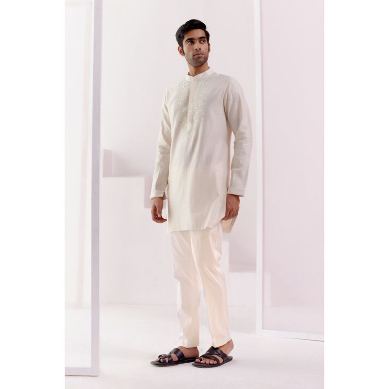 Devnaagri Ivory Cotton Silk Blend Pin Tucks Kurta (Set of 2) (S)