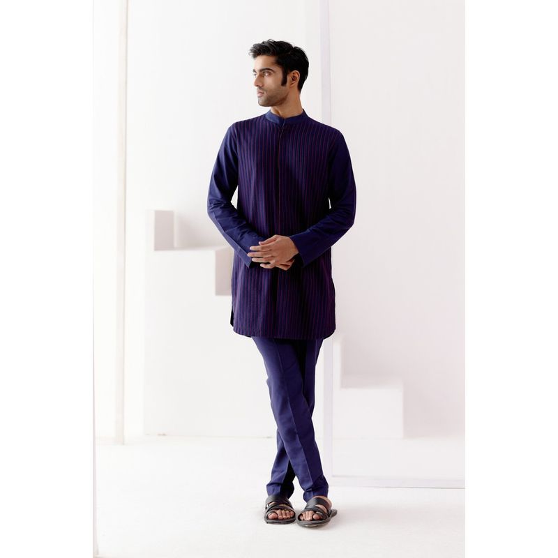Devnaagri Navy Blue Cotton Silk Blend Pin Tucks Kurta (Set of 2) (S)