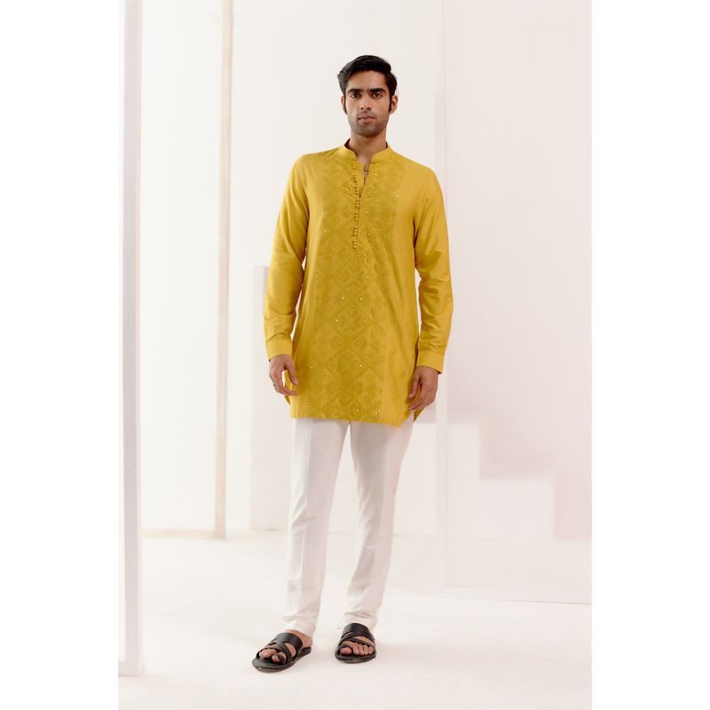 Devnaagri Mustard Cotton Silk Blend Fully Embroidered Kurta (Set of 2) (S)