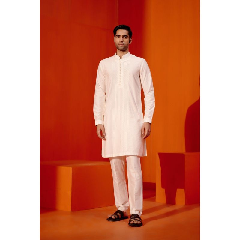 Devnaagri Ivory Pin Tucks Detailed Kurta (Set of 2) (S)