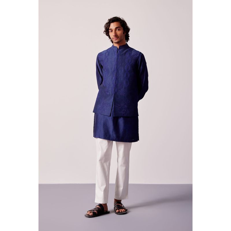 Devnaagri Navy Blue Kurta With Pant And Bundi jacket (Set of 3) (XS)