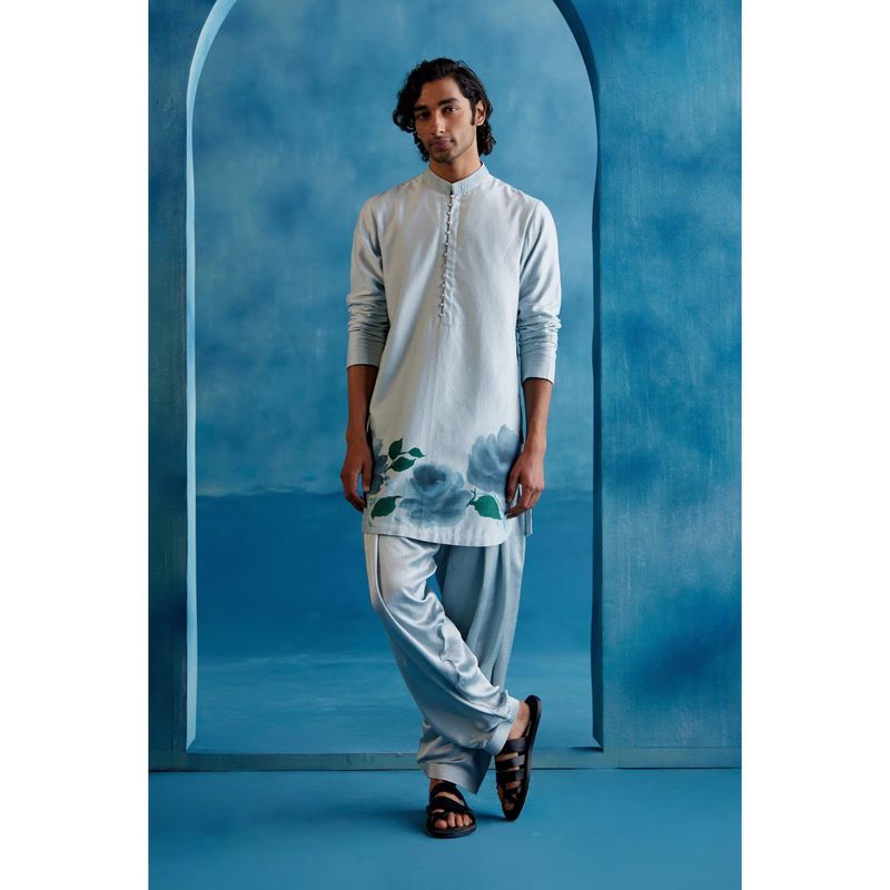 Devnaagri Ice Blue Hand Painted Kurta With Salwar (Set of 2) (XS)