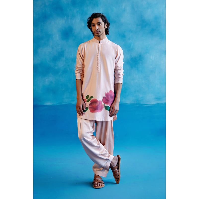 Devnaagri Blush Pink Hand Painted Kurta With Salwar (Set of 2) (XS)