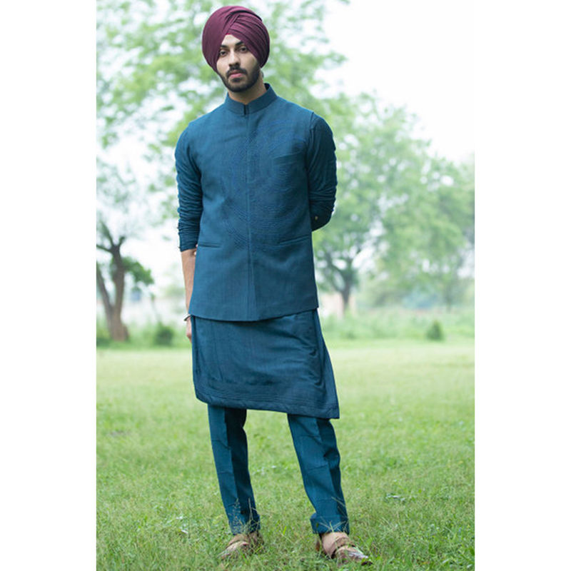 Jatin Malik Teal Blue Nehru Jacket (Set of 3) (XS)