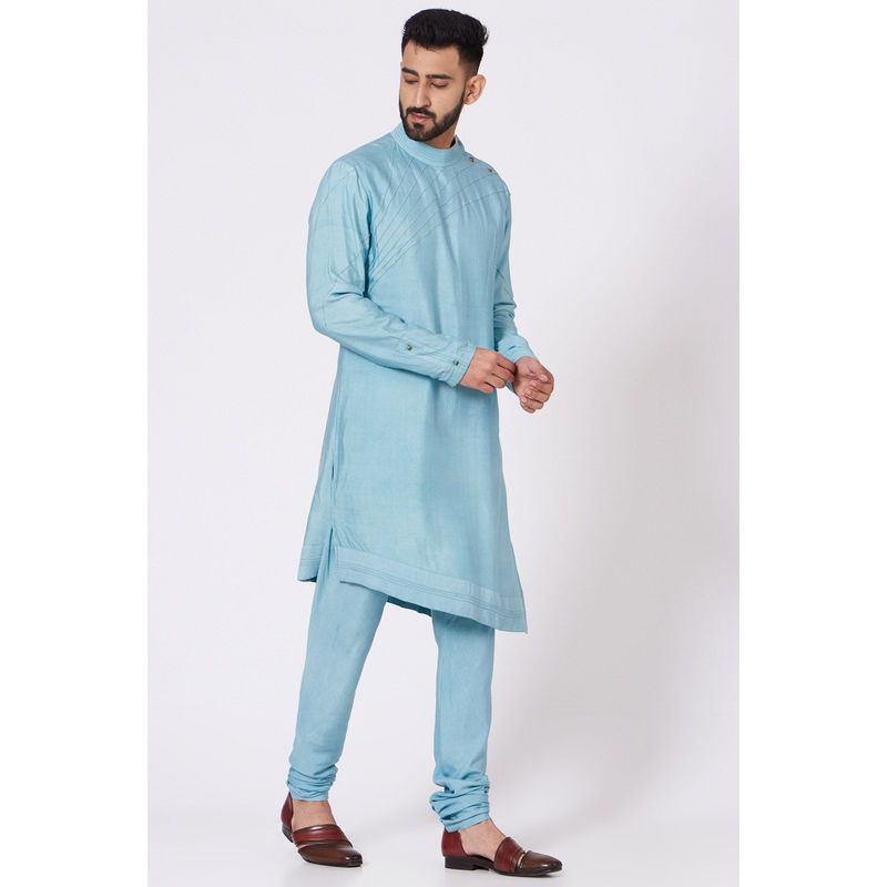 Jatin Malik Pool Blue Shoulder Buttoned Kurta (Set of 2) (XS)