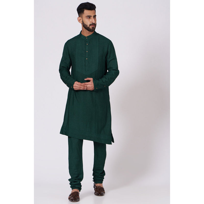Jatin Malik Emerald Green Shoulder Buttoned Kurta (Set of 2) (XS)