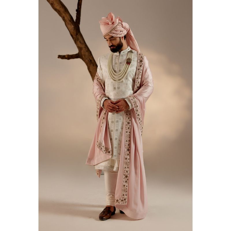 Jatin Malik Gardenia White & Pink Sherwani (Set of 6) (XS)