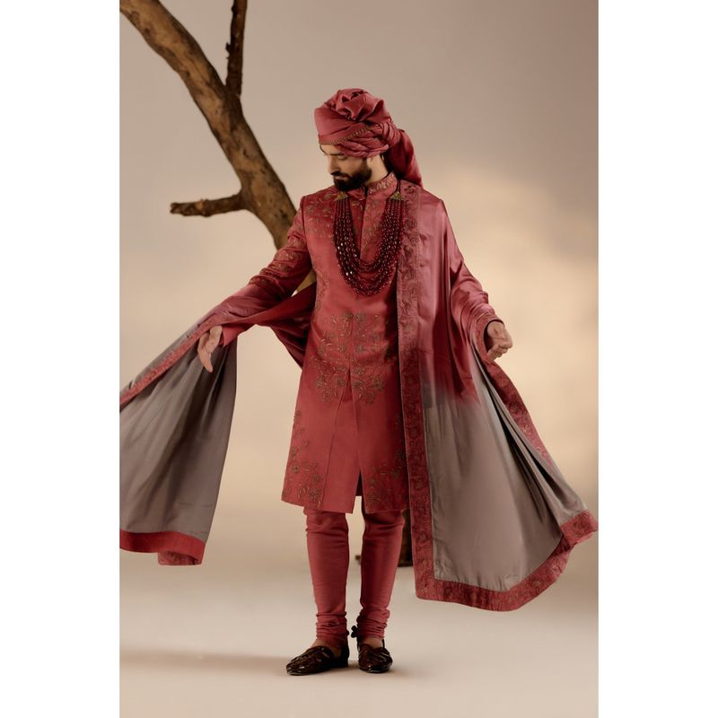 Jatin Malik Red Ochre Sherwani with Safa & Stole (Set of 5) (XS)