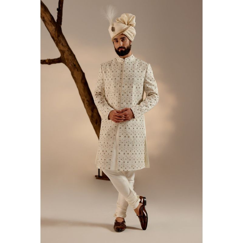Jatin Malik Albino White Sherwani with Safa (Set of 4) (XS)