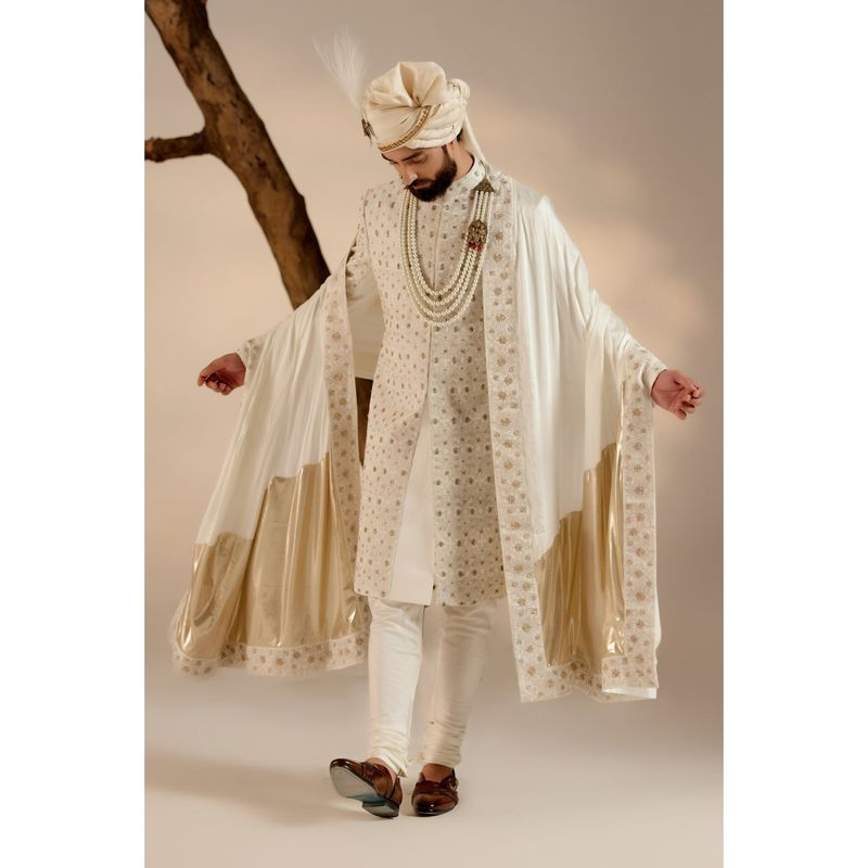 Jatin Malik Albino White Sherwani with Safa & Stole (Set of 5) (XS)