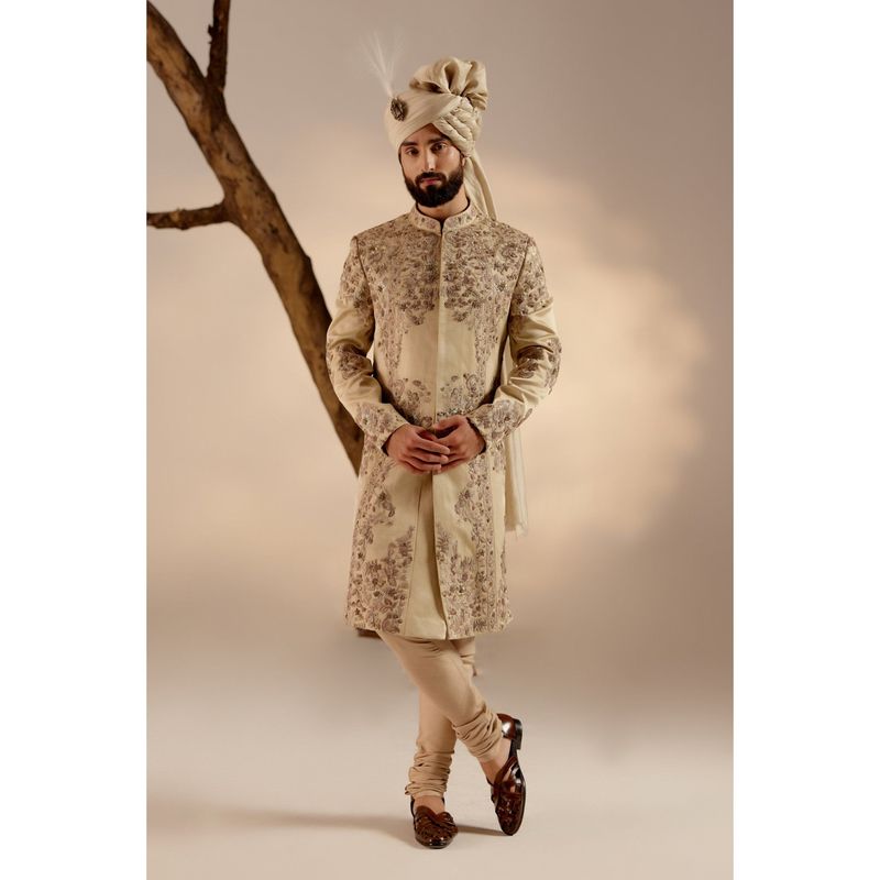 Jatin Malik Sand Ridge Sherwani with Safa (Set of 4) (XS)