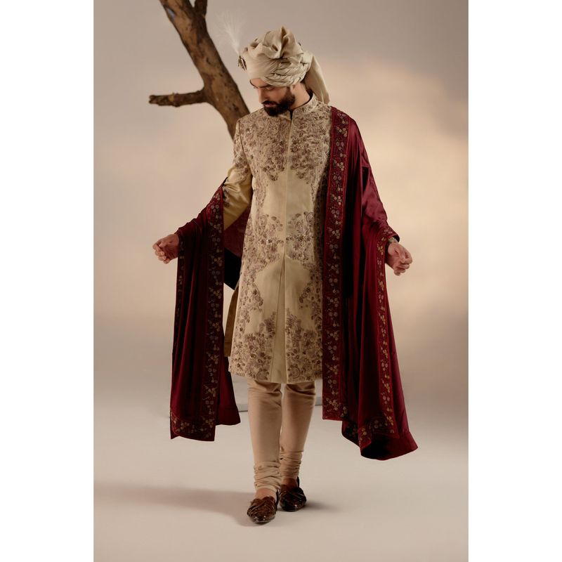 Jatin Malik Sand Ridge Sherwani with Red Stole & Safa (Set of 5) (XS)