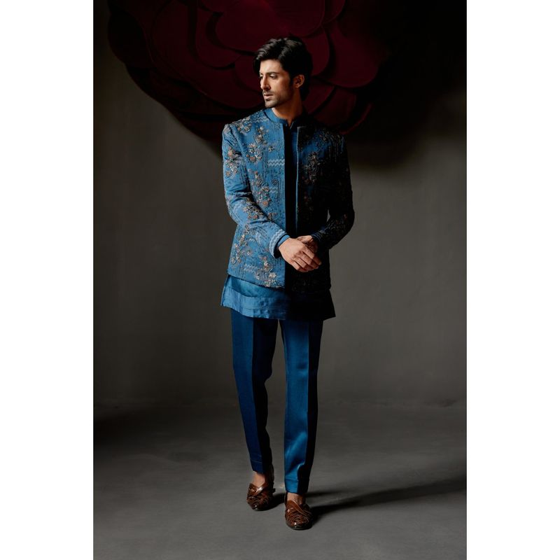 Jatin Malik New Teal Short Jacket with Kurta & Trouser (Set of 3) (XS)