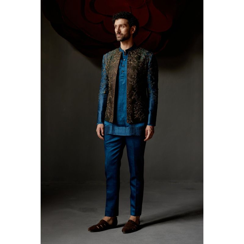 Jatin Malik Teal & Brown Short Jacket with Kurta Trouser (Set of 3) (XS)