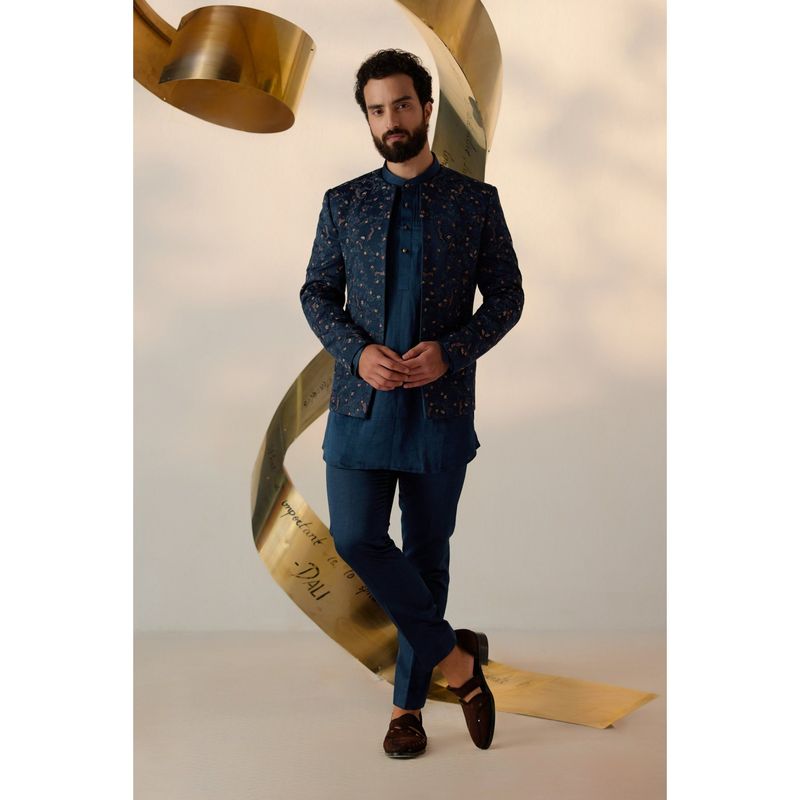 Jatin Malik Beryl Blue Short Jacket with Kurta & Trouser (Set of 3) (XS)