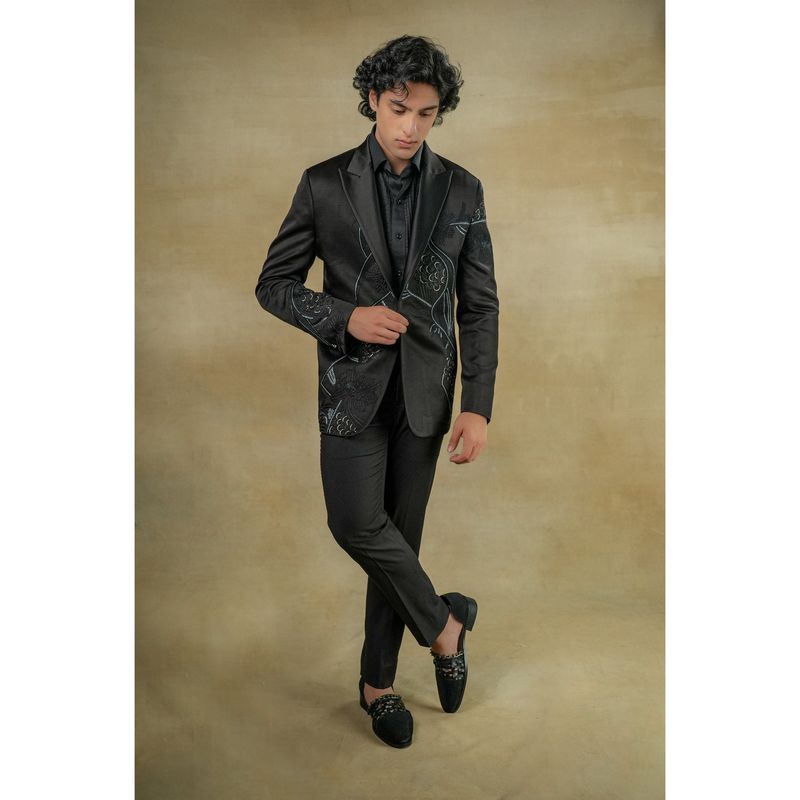 Jatin Malik Pique Black Tuxedo with Shirt & Trouser (Set of 3) (XS)