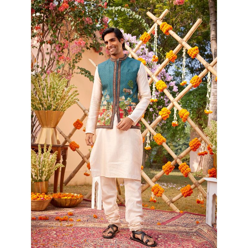 KALISTA Beige Mehta Kurta with Churidar and Nehru Jacket (Set of 3) (2XL)