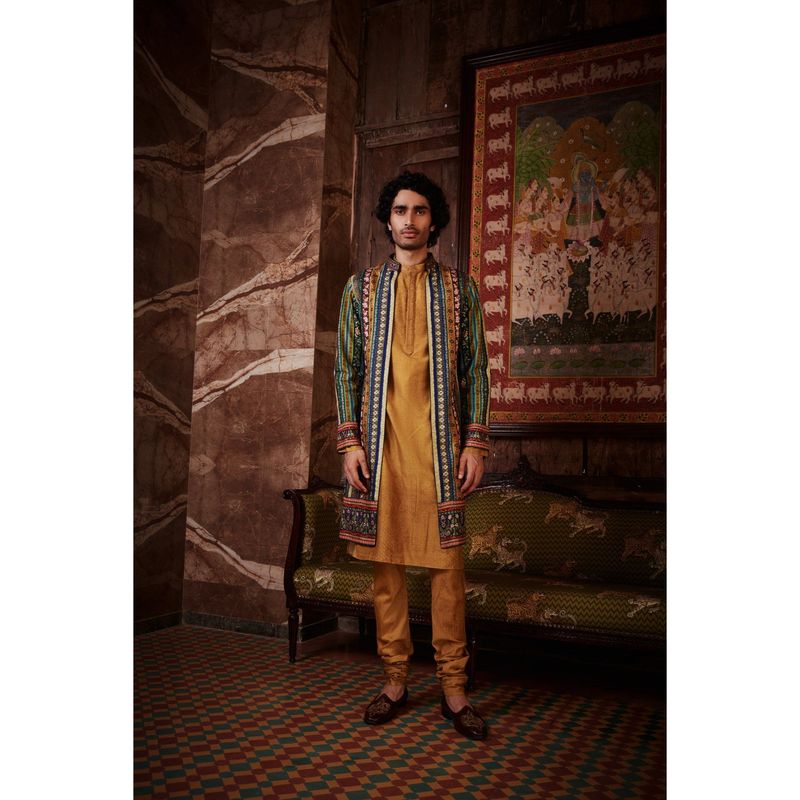 KALISTA Mustard Aslan Kurta with Churidar and Nehru Jacket (Set of 3) (XS)