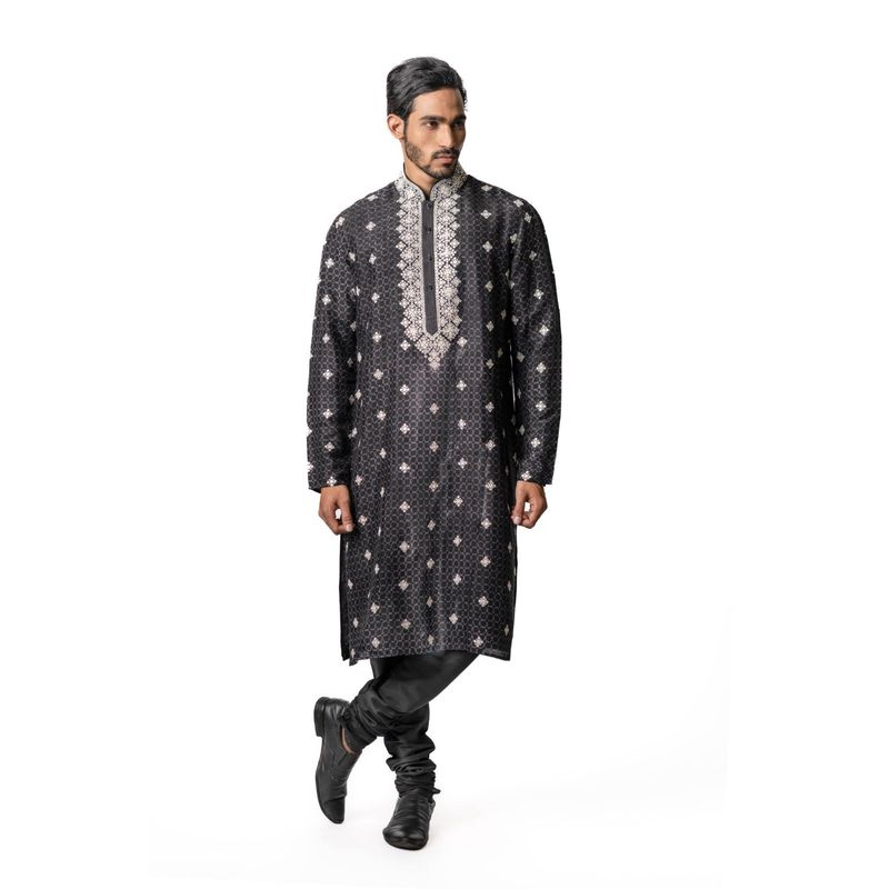 Krishna Mehta Black All Over Printed Mirror Work Kurta (Set of 2) (XS)