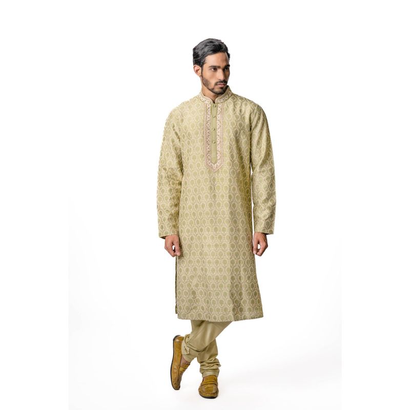 Krishna Mehta Olive Hand Block Printed Kurta (Set of 2) (XS)