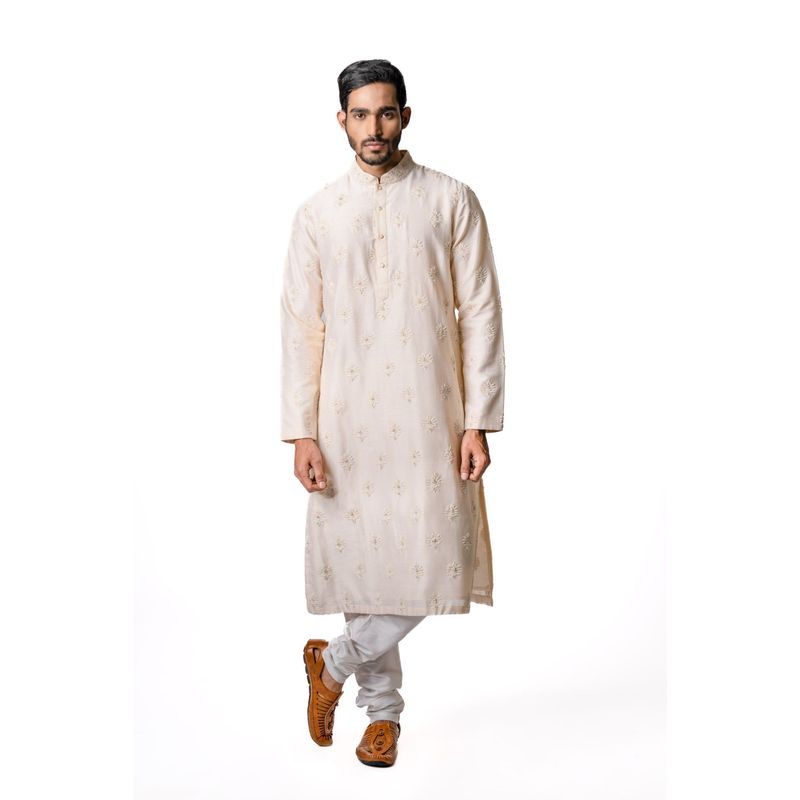 Krishna Mehta Cream Hand Embroidered Kurta (Set of 2) (XS)