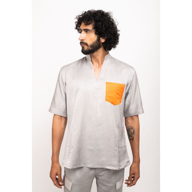 NEORA BY NEHAL CHOPRA Grey Shirt With Orange Pocket (XS)
