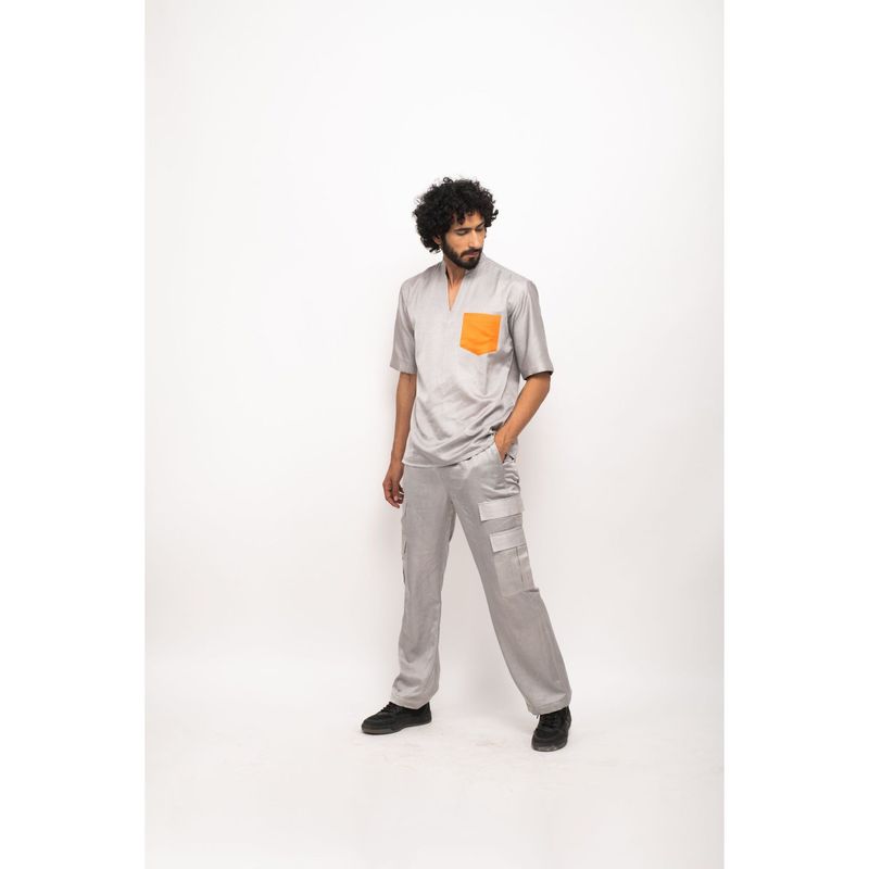 NEORA BY NEHAL CHOPRA Grey Shirt With Orange Pocket Co-Ord Set (Set of 2) (XS)