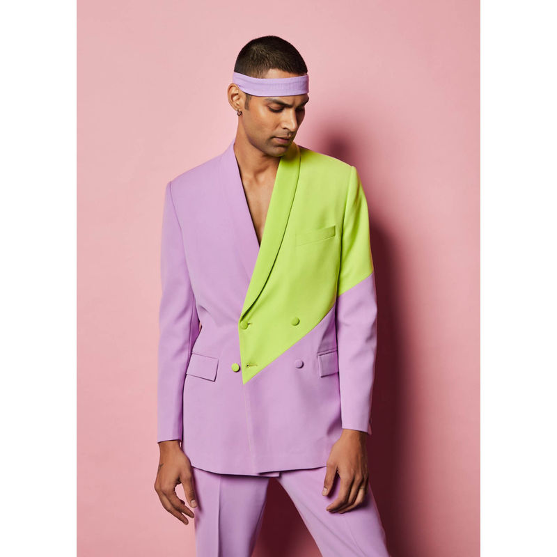 Nirmooha Lilac and Lime Green Colour Block Blazer (XS)