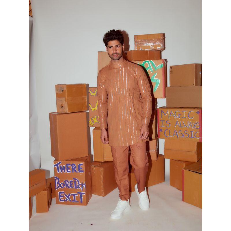 Nirmooha Brown Short Kurta with Cording Detailing and Straight Pant (Set of 2) (XS)